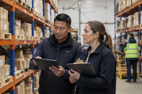 Two colleagues reviewing orderly warehouse fulfilment