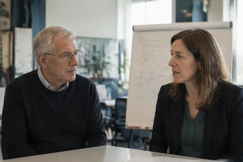 Two experienced colleagues talking over a notebook in a training office