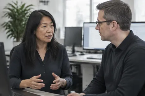 Two colleagues discussing plans at a table in an established technology office