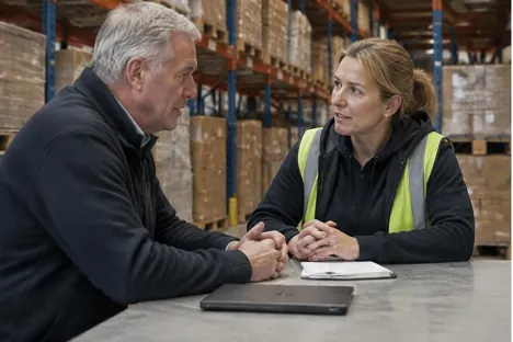 Two colleagues discussing performance in a warehouse office