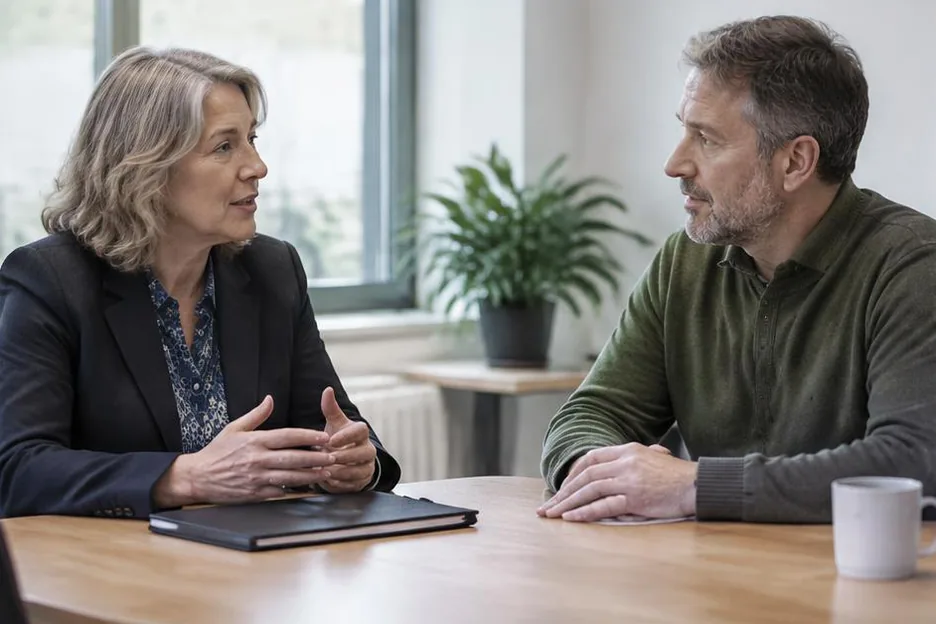 Two colleagues in a calm planning conversation at a regional office table