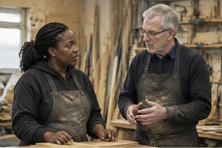 Two colleagues discussing work at a timber production bench