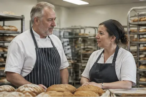 Two colleagues discussing bakery operations beside a production bench