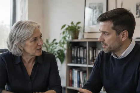 Two colleagues discussing future responsibilities in a business office