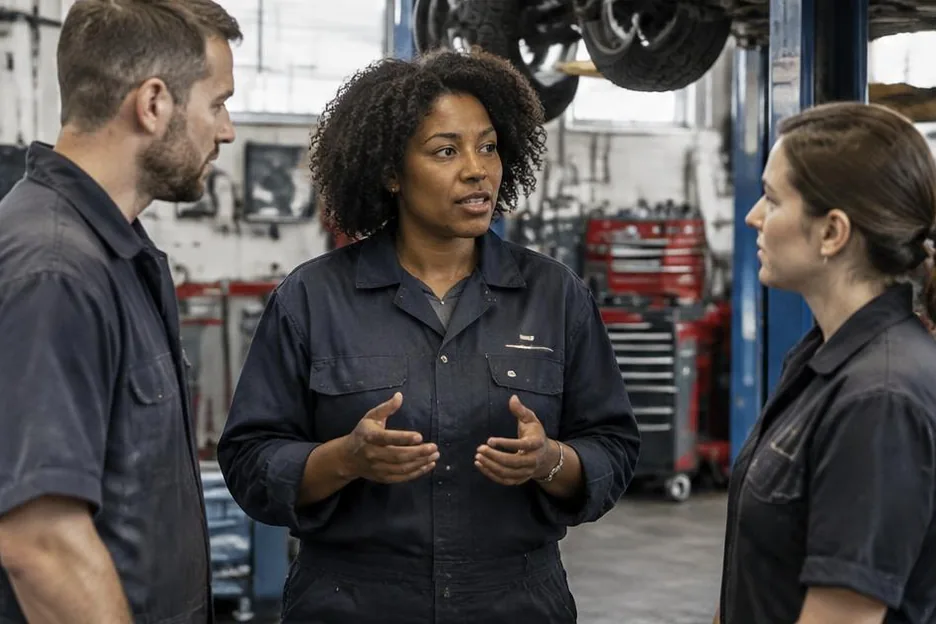 An experienced vehicle-workshop manager talking with two technicians
