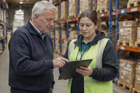 Two colleagues reviewing a tablet between warehouse shelves