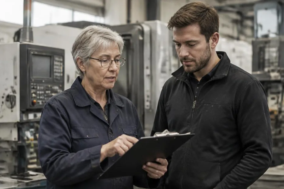 Two colleagues reviewing a clipboard beside engineering machinery