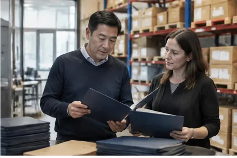 Two colleagues reviewing plain folders in a warehouse office
