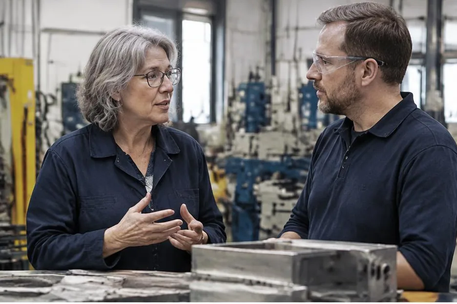 Two experienced colleagues discussing development at an engineering bench