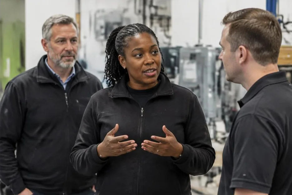 A senior manager leading an office discussion as a colleague listens nearby