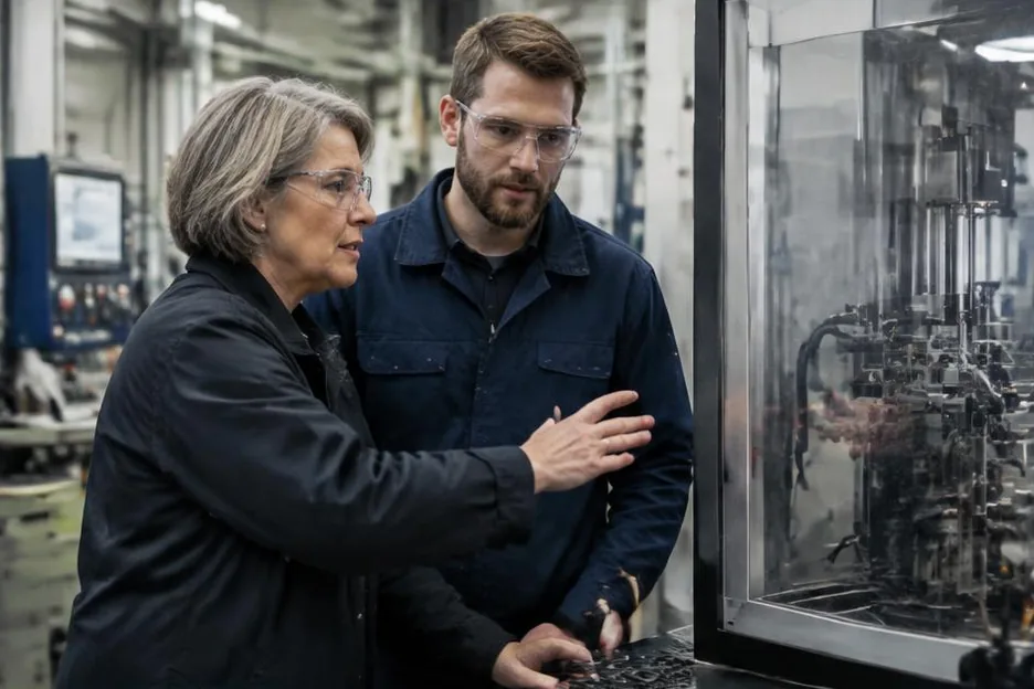 Two generations of colleagues discussing work beside enclosed engineering machinery