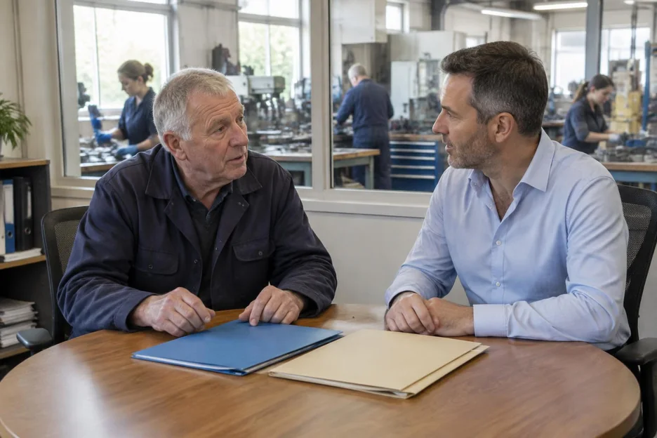 Two men discussing plain folders in an office overlooking a working workshop