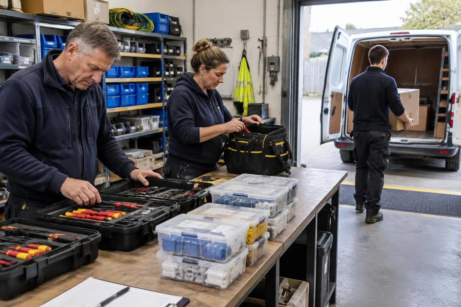 A trade team checking tools and packing equipment beside a delivery van