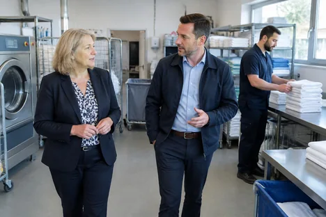 Two colleagues touring a commercial laundry while a worker stacks linen