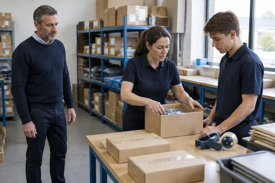 A supervisor showing a colleague a packing workflow while another man observes