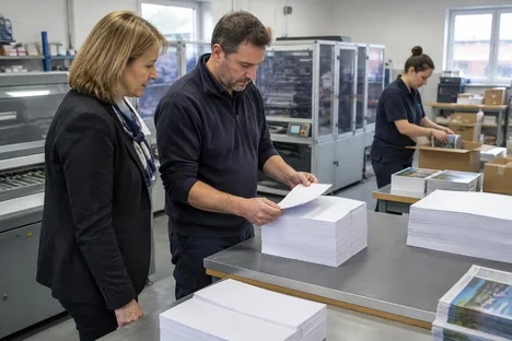 Two colleagues inspecting paper stacks while a worker packs print orders