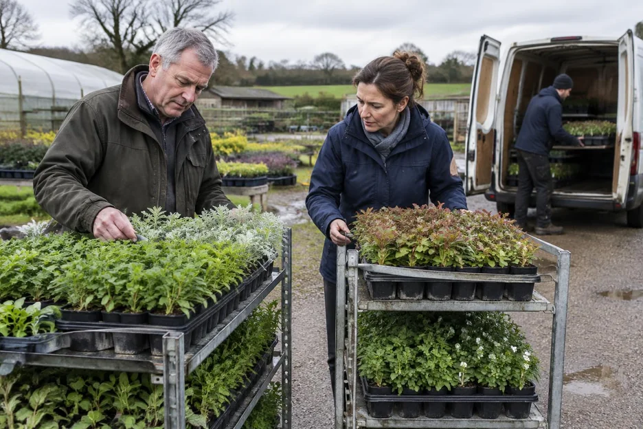 Two colleagues inspecting nursery stock beside a delivery van
