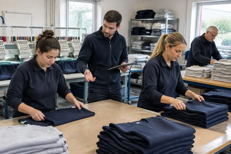 A garment-workshop supervisor coordinating colleagues folding finished garments