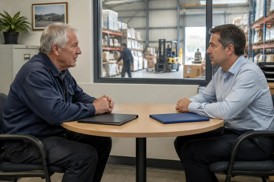 Two men discussing folders in an office overlooking warehouse operations