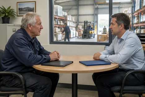 Two men discussing folders in an office overlooking warehouse operations