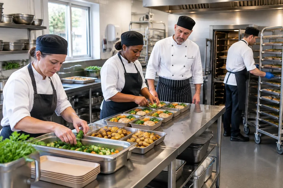 A catering team preparing trays under a supervisor in a commercial kitchen