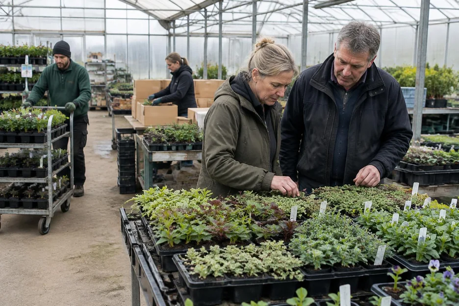Two colleagues inspecting plants while nursery staff prepare dispatch orders