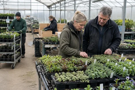Two colleagues inspecting plants while nursery staff prepare dispatch orders