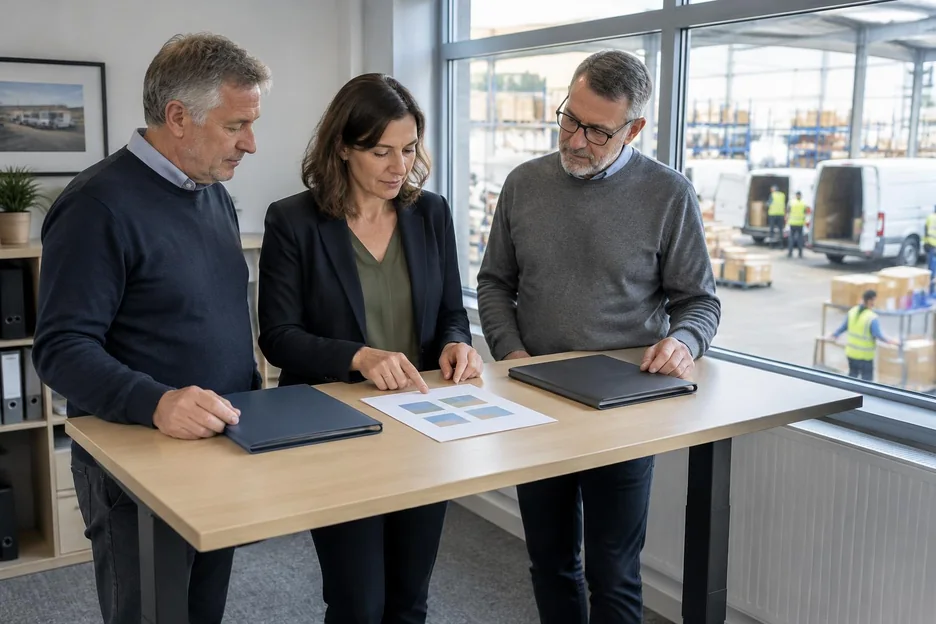 Three senior colleagues reviewing a simple sheet in an office overlooking dispatch operations