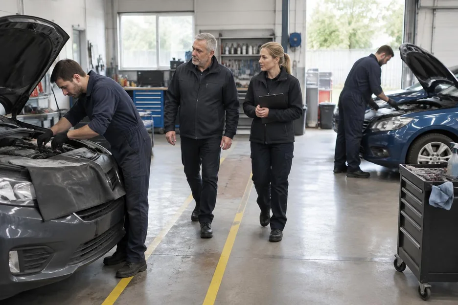 Two senior colleagues walking through an automotive workshop while technicians service cars