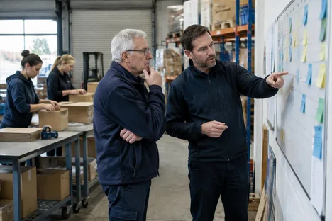 Two senior colleagues reviewing a planning board while staff pack orders in a depot