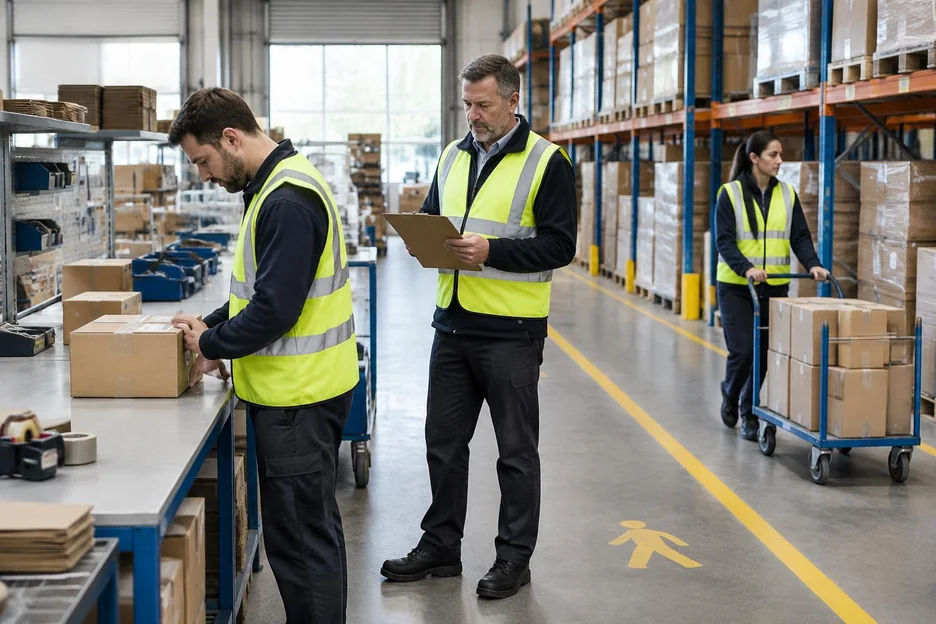 A dispatch team checking and packing orders beside organised warehouse racking