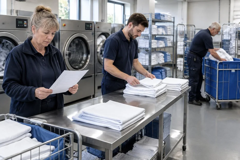 A commercial laundry team reviewing a checklist and folding clean linen