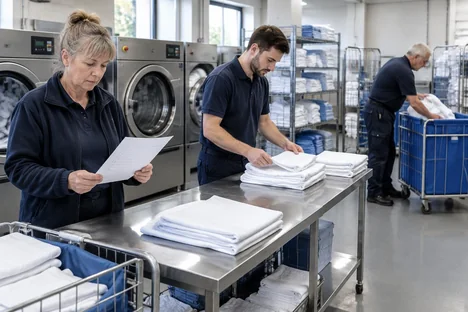 A commercial laundry team reviewing a checklist and folding clean linen