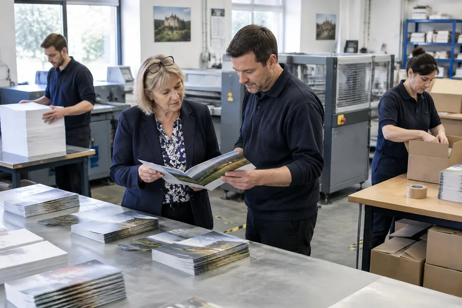 Two colleagues inspecting finished print work while staff prepare orders