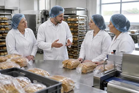 An experienced woman listening as a supervisor briefs bakery colleagues