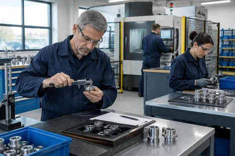A quality inspector measuring a metal component beside colleagues in an engineering workshop